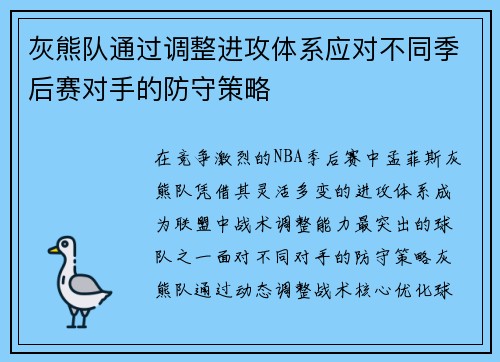 灰熊队通过调整进攻体系应对不同季后赛对手的防守策略