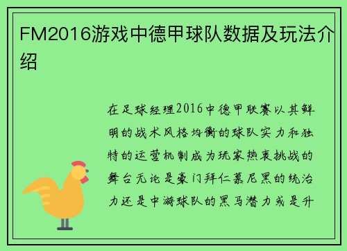 FM2016游戏中德甲球队数据及玩法介绍