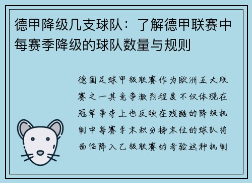 德甲降级几支球队：了解德甲联赛中每赛季降级的球队数量与规则